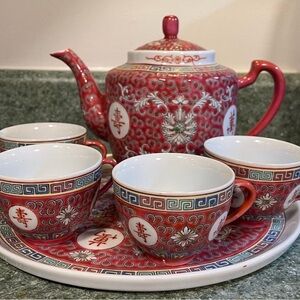 Red Porcelain Chinese Teapot Set Mun Shou Longevity Pattern